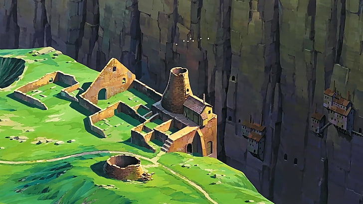 brown concrete house on cliff, Studio Ghibli, anime, artwork