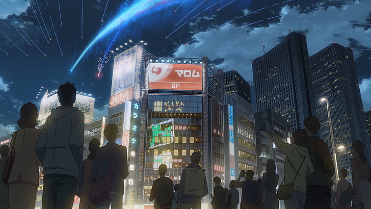 people illustration looking at digital billboard, Makoto Shinkai