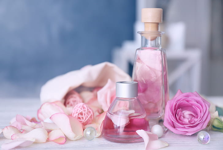 perfume, petals, rose, pink, pink roses, spa, oil, HD wallpaper