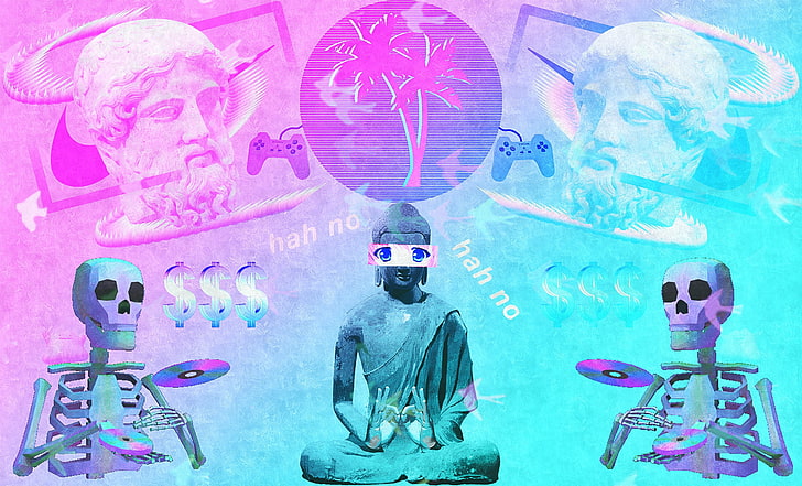 vaporwave, Buddha, Buddhism, PlayStation, compact disc, skeleton