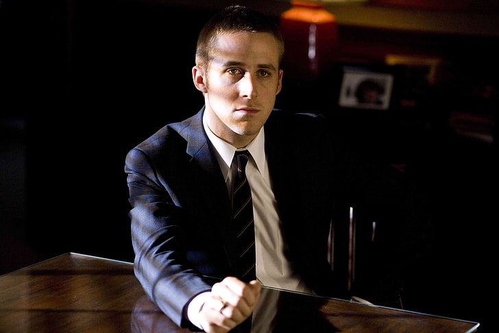 Ryan Gosling, actor, man, bristles, suit, pensive, table, men, HD wallpaper