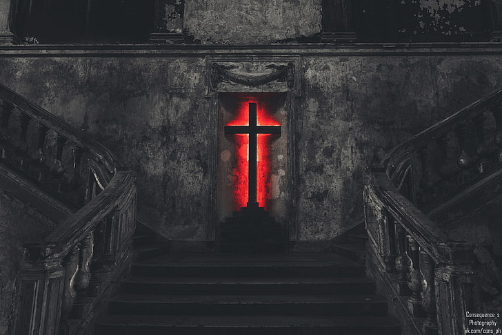 cross, stairs, selective coloring, architecture, built structure, HD wallpaper