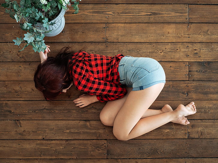 women, plaid shirt, brunette, jean shorts, on the floor, top view, HD wallpaper