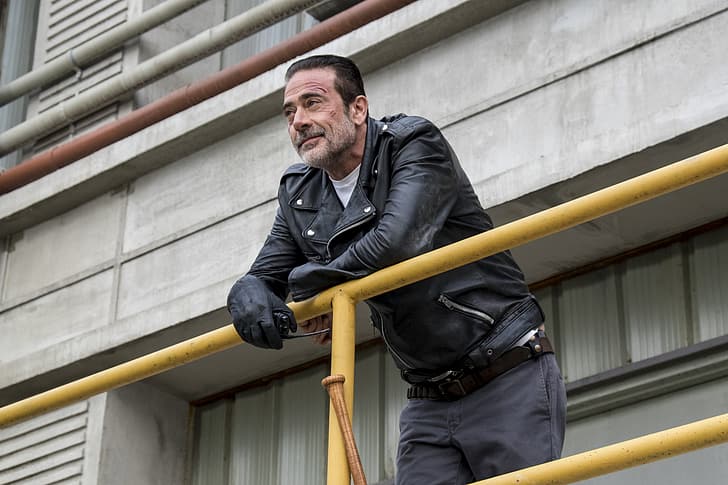 Negan, Smug face, smiling, black jackets, scars, men, looking into the distance, HD wallpaper