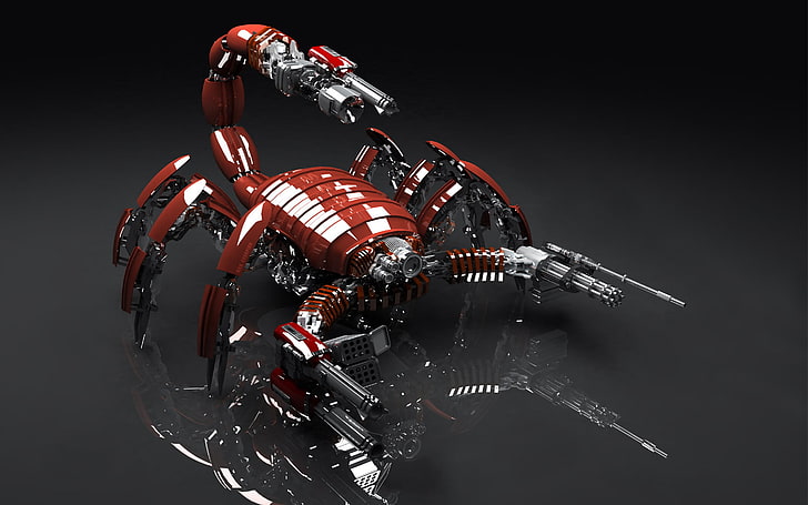red robotic scorpion toy, weapons, mechanism, futuristic, technology