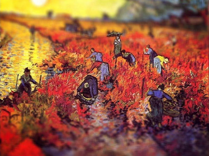vincent van gogh tiltshift people working on the red field