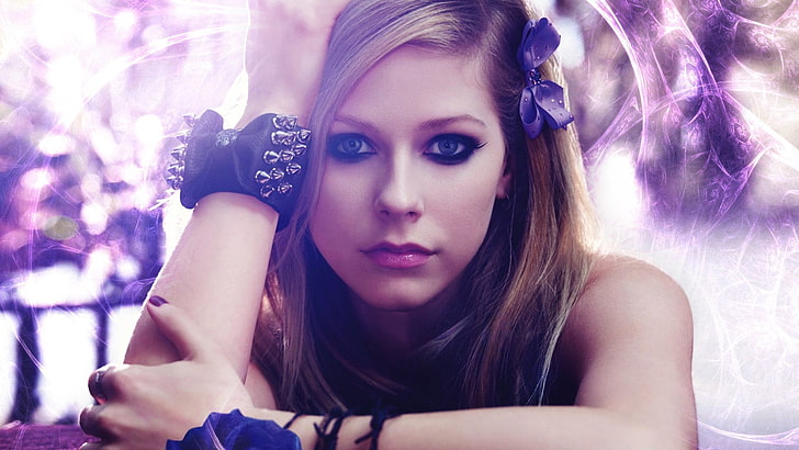 Avril Lavigne, Avril Lavigne, blonde, model, purple dresses, purple eyes