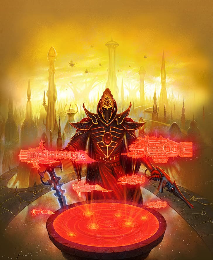 science fiction, Warhammer 40,000, elves, eldari, red, yellow, HD wallpaper