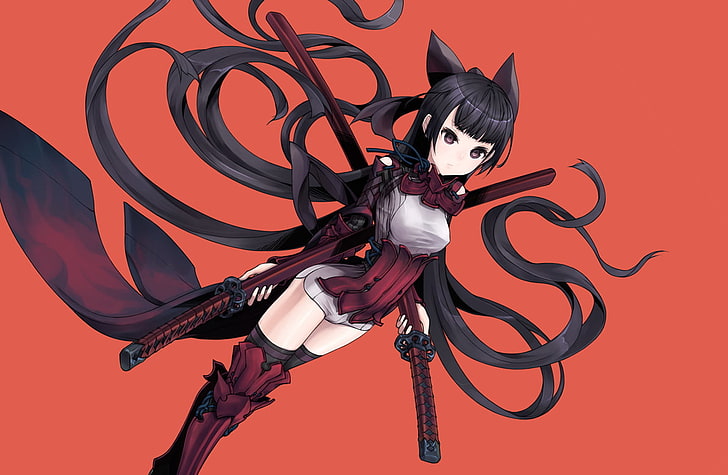 black-haired female anime character holding katanas wallpaper, HD wallpaper