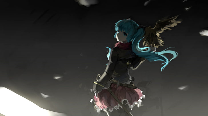 blue haired animated character, Vocaloid, Hatsune Miku, birds