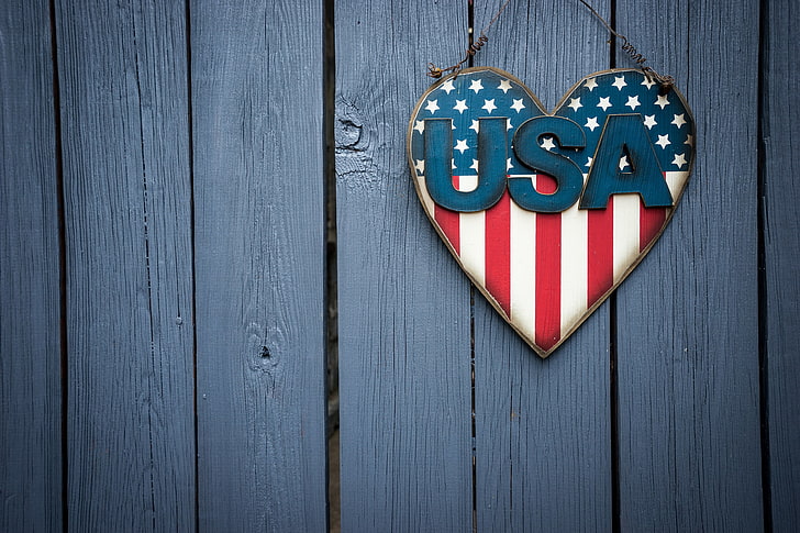 heart, flag, wooden surface, USA, wood - material, blue, door, HD wallpaper