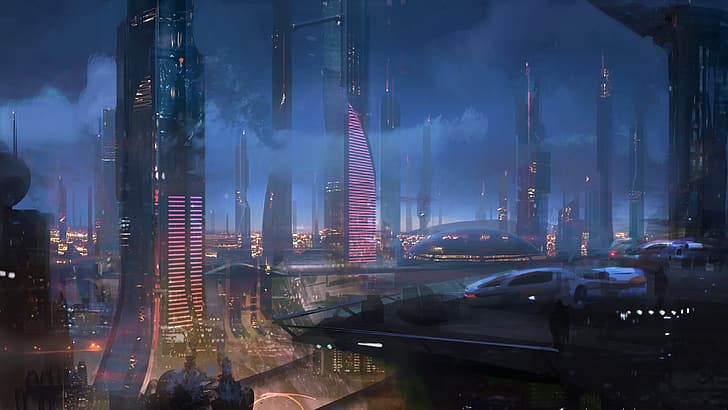 the city, future, megapolis, neon signs, sci fi city