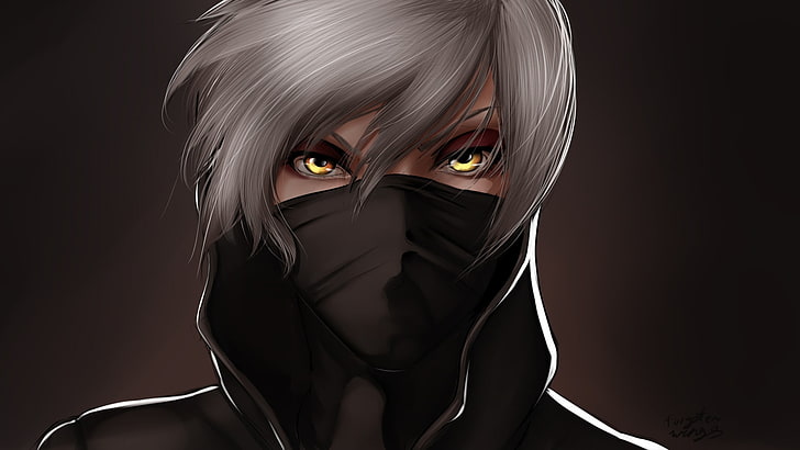 anime, yellow eyes, mask, Sekirei, black background, portrait