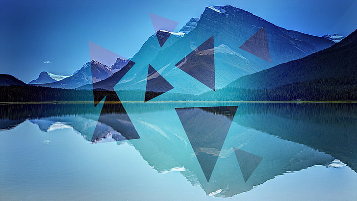 mountain and lake digital wallpaper, triangle, mountains, edited