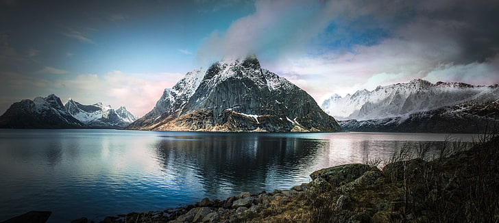 gray stone mountain, nature, landscape, fjord, mountains, snowy peak, HD wallpaper