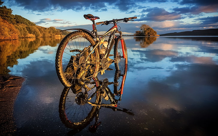 bicycle, water, landscape, reflection, nature, sky, cloud - sky, HD wallpaper