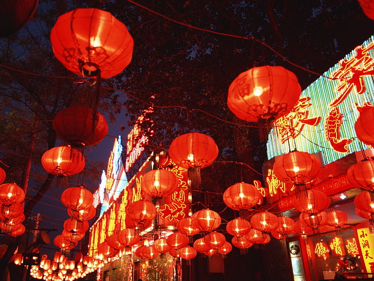 red paper lanterns, streets, china, chinese lanterns, celebration, HD wallpaper