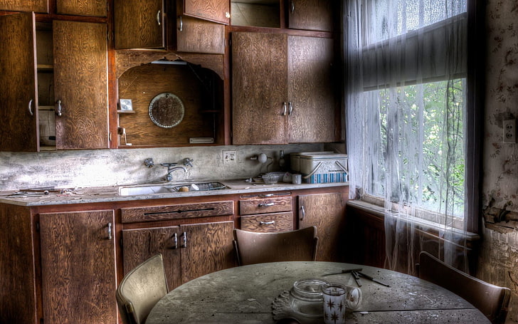 brown wooden cupboard, ruin, interior, old building, indoors