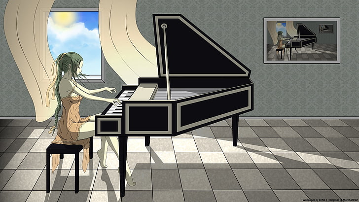black grand piano illustration, lenb, girl, window, picture, music