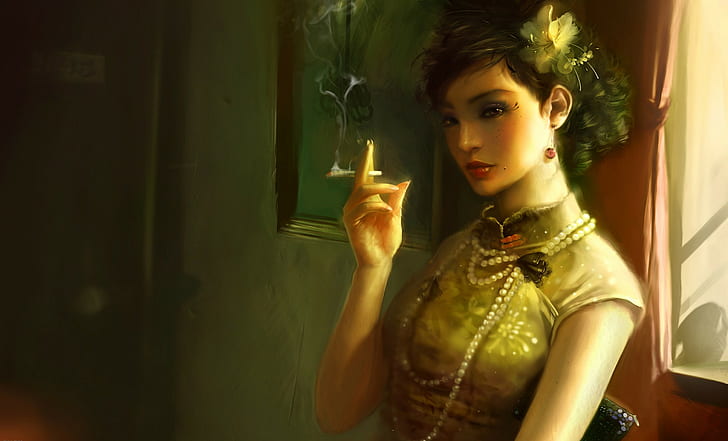 women, artwork, smoking, cigarettes, HD wallpaper