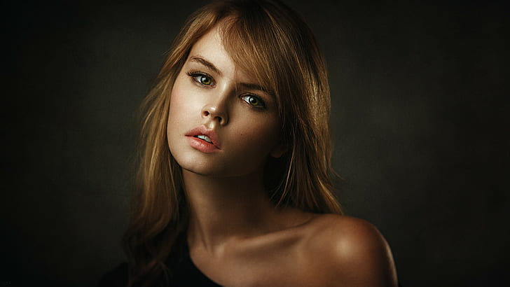Anastasia Scheglova, bare shoulders, simple background, blonde, HD wallpaper
