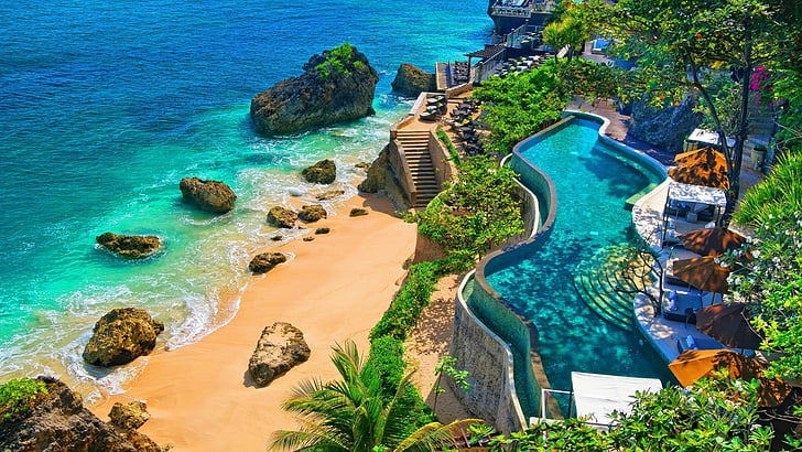 ocean, summer, summertime, hotel, beach, jimbaran, resort town, HD wallpaper