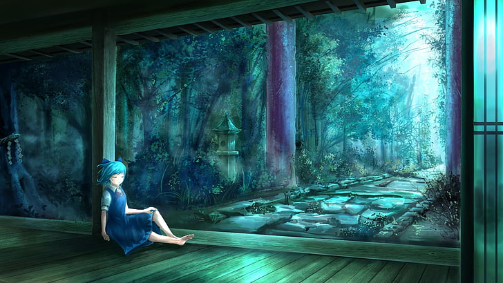 cirno, touhou, shrine, trees, relax, Anime, full length, sitting, HD wallpaper