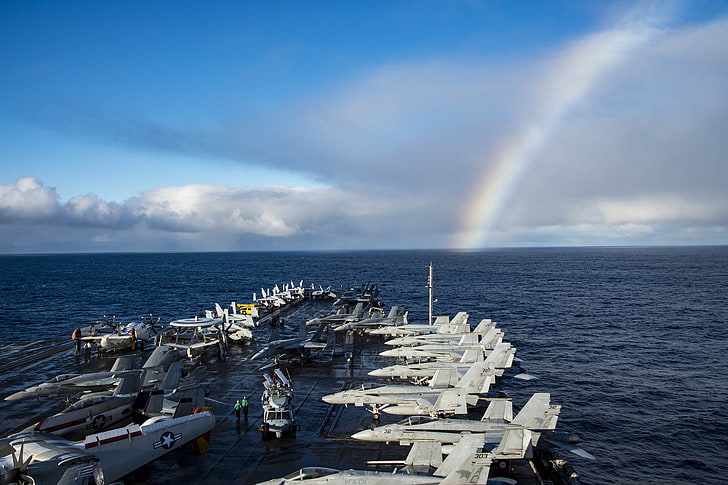 USS Dwight D. Eisenhower, aircraft carrier, sea, rainbows, McDonnell Douglas F/A-18 Hornet
