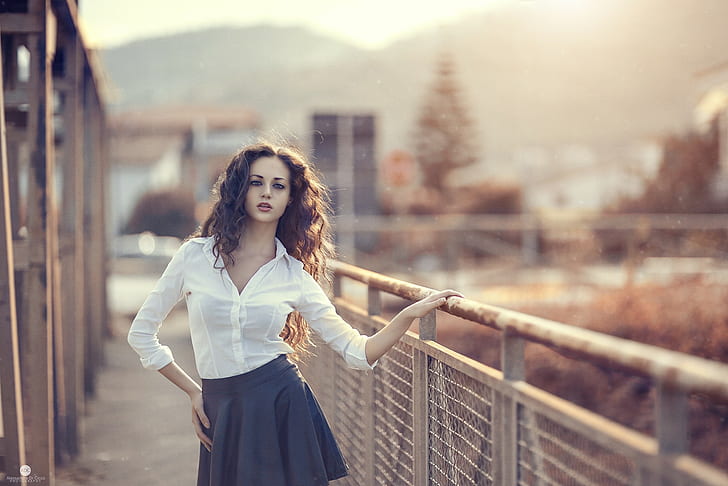 Women, Model, Curly Hair, Fence, women's white dress shirt and black pleated mini skirt outfit