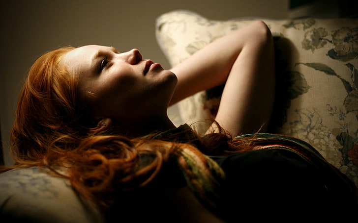 women, redhead, actress, lying down, one person, hair, indoors