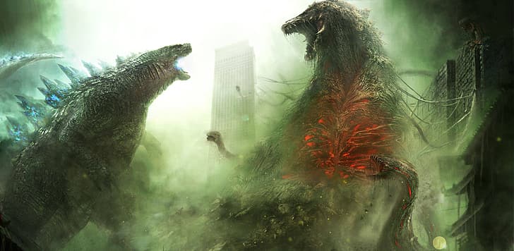 Godzilla, Biollante, creature, battle, digital art, movies