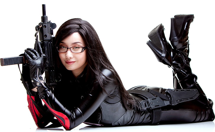 face, smile, model, shoes, leather, latex, trunk, heels, guns