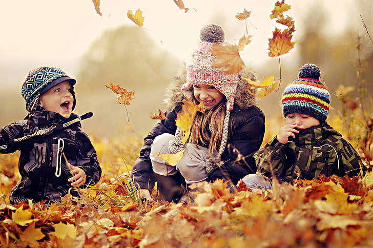 toddler's black jacket, autumn, leaves, children, outdoors, fun, HD wallpaper