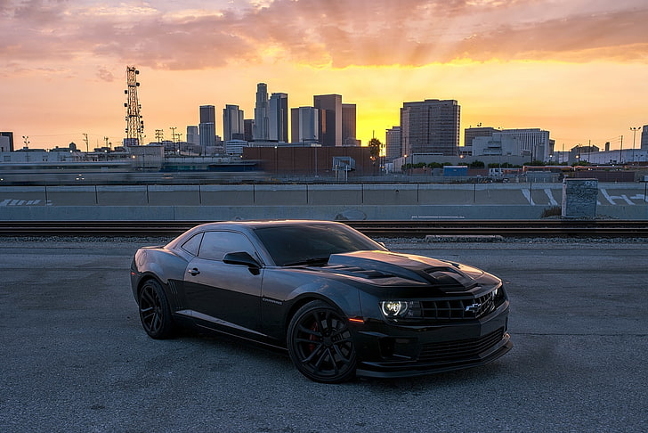 black Chevrolet Camaro coupe, sunset, camaro ss, city, transportation, HD wallpaper