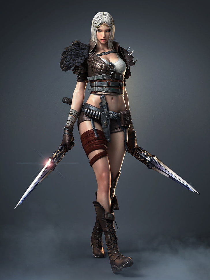 white-haired female game application character holding dagger illustration, HD wallpaper