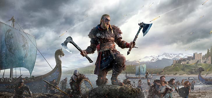 Vikings, Ubisoft, Assassin's Creed: Valhalla, Eivor, axes, video game art