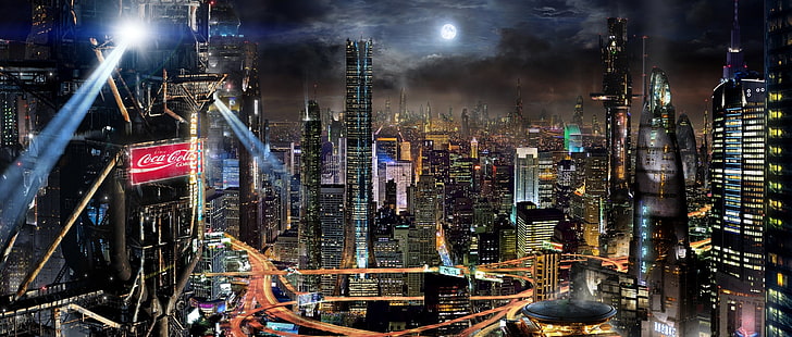 concrete buildings illustration, clouds, night, the city, future
