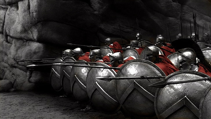 round gray shield, 300, Spartans, selective coloring, shelds