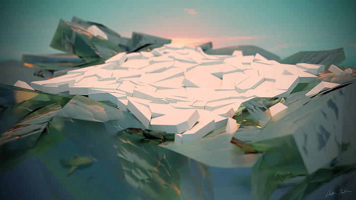 ice, sea, sunset, minimalism, Voronoi diagram, Blender, abstract