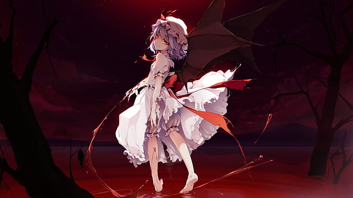 female anime character wearing white dress digital wallpaper