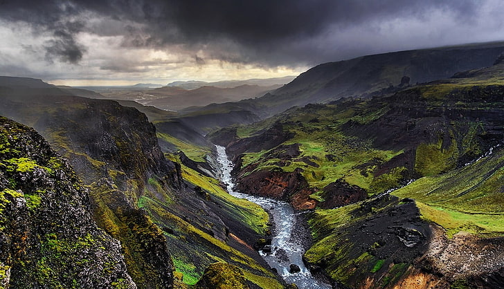 river valley, landscape, nature, storm, Iceland, mountains, canyon, HD wallpaper