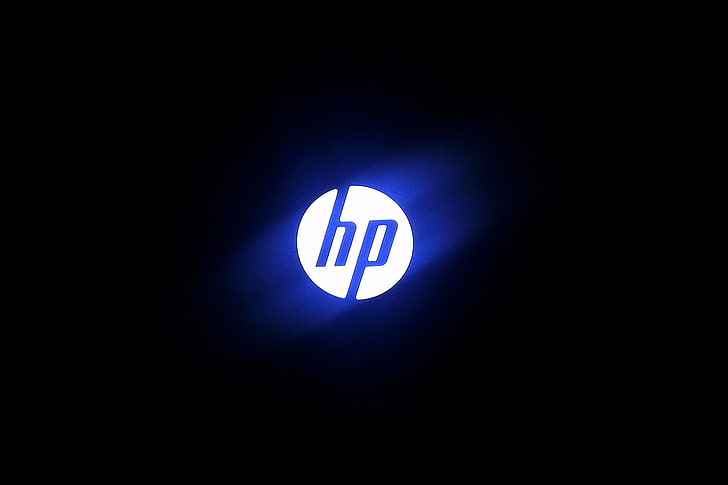 HP logo, photo, computer, hi-tech, blue light, symbol, sign, concepts