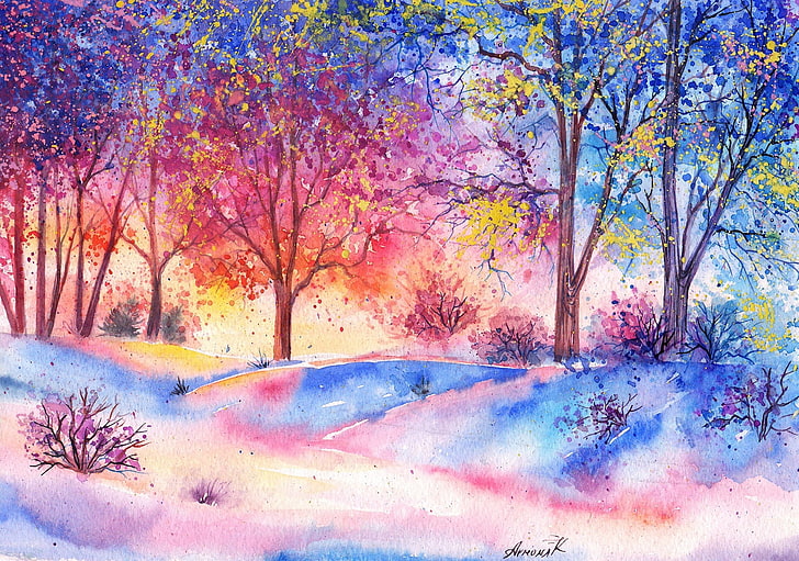 tree painting, forest, trees, watercolor, painted landscape, nature