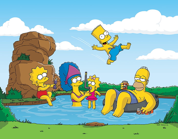 The Simpson in beach, nature, stay, the simpsons, Homer, Bart, HD wallpaper