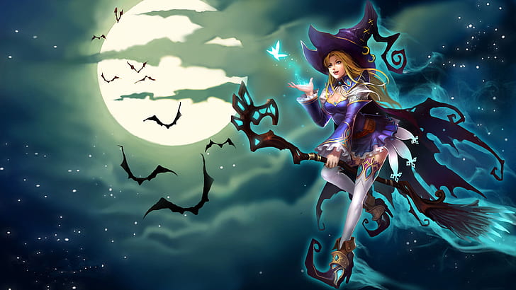 Sally-Blue Witch-riding a broom-League Of Angels-Game Wallpaper Hd for android-3840×2160