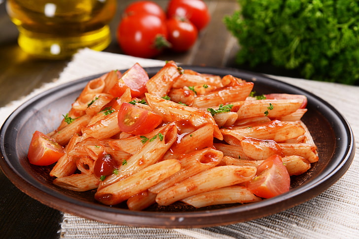 plate of penne pasta, mushrooms, food, tomato, food and drink
