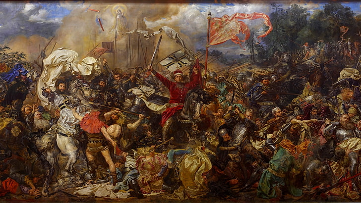 brown and black abstract painting, war, Jan Matejko, Battle of Grunwald