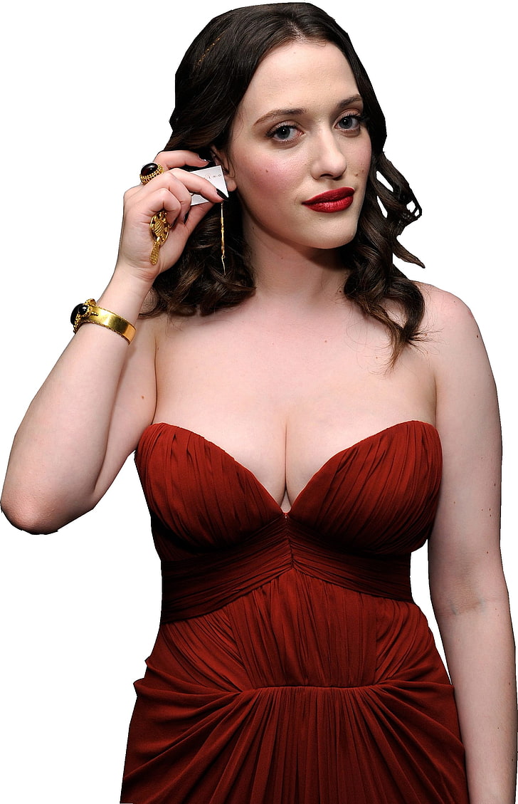 women's red strapless dress, Kat Dennings, transparent background