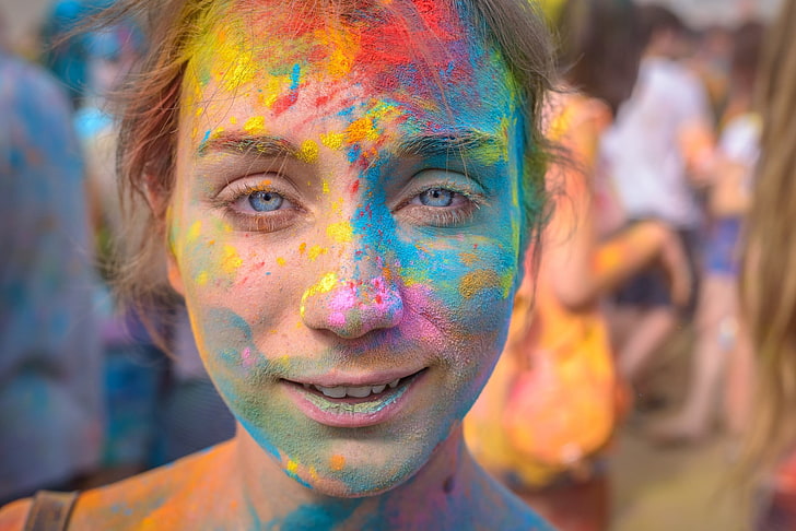 women, colorful, blue eyes, dust, looking at viewer, event