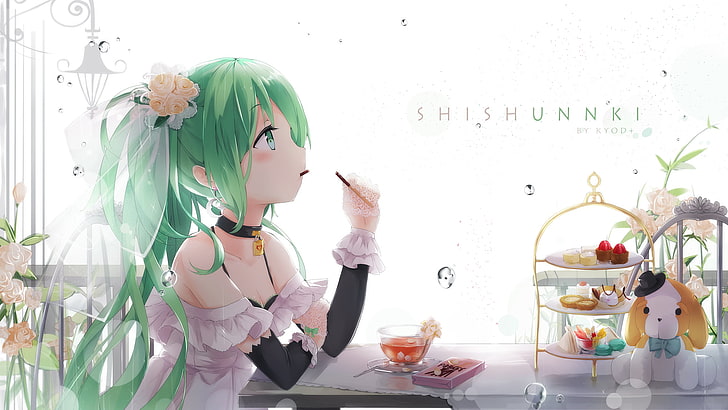 Vocaloid, Hatsune Miku, green hair, sweets, green eyes, indoors